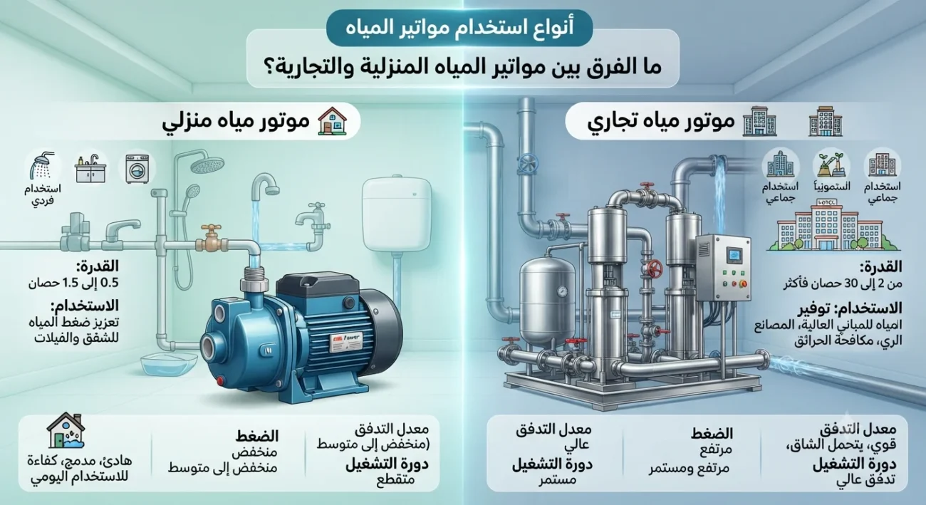 أنواع استخدام مواتير المياه ما الفرق بين مواتير المياه المنزلية والتجارية وكيف تختار الأنسب لكل تطبيق؟