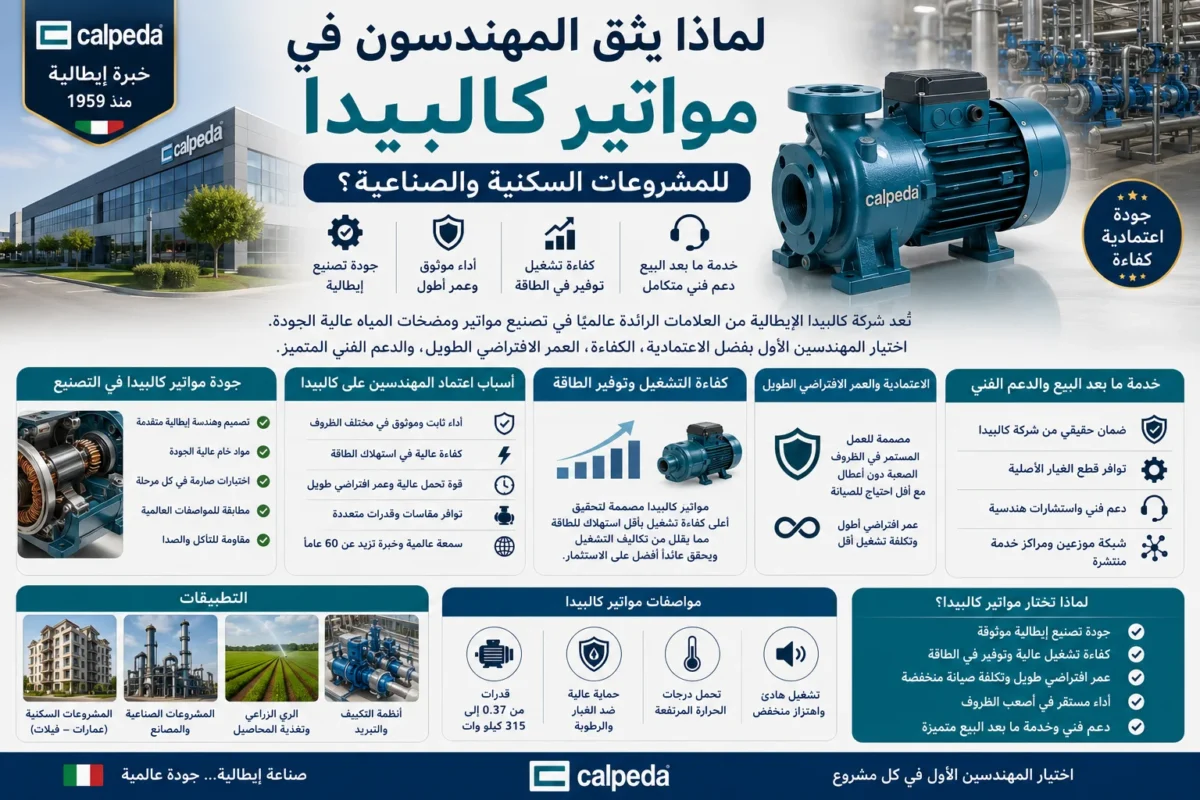 جودة مواتير كالبيدا الإيطالية مع إبراز أسباب اعتماد المهندسين عليها في المشروعات السكنية والصناعية، مثل جودة التصنيع، الاعتمادية، كفاءة التشغيل، العمر الافتراضي الطويل، وخدمة ما بعد البيع