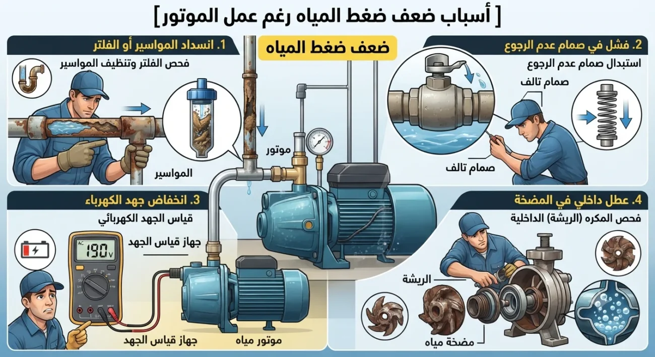 أسباب ضعف ضغط المياه رغم عمل الموتور دليل شامل لاكتشاف المشكلة وحلها خطوة بخطوة