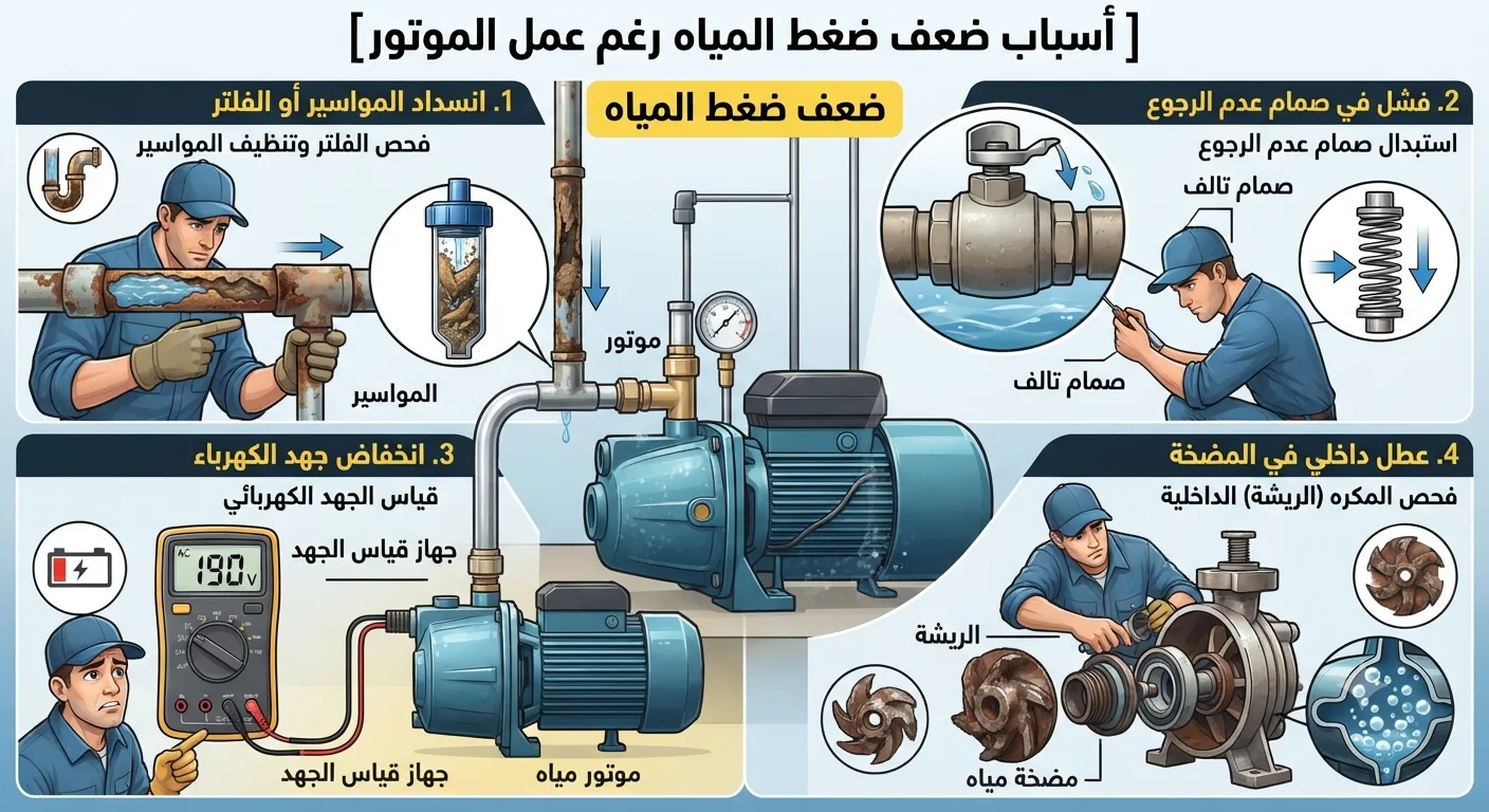 أسباب ضعف ضغط المياه رغم عمل الموتور دليل شامل لاكتشاف المشكلة وحلها خطوة بخطوة