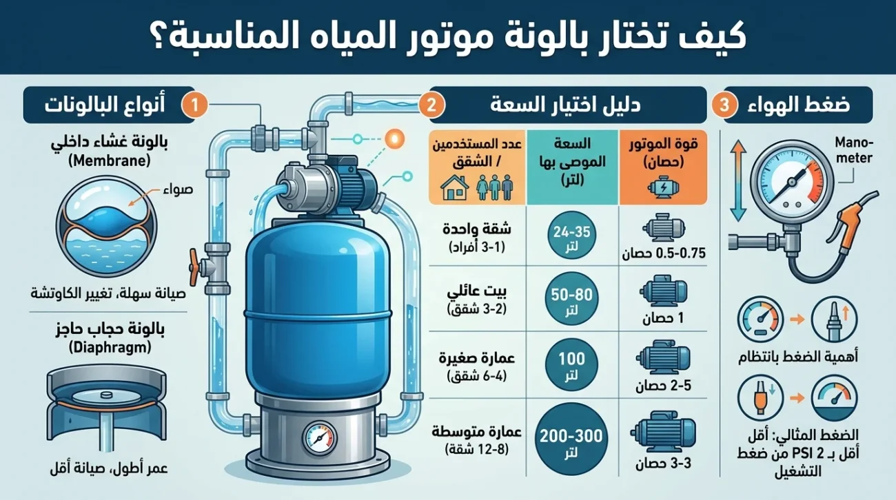كيف تختار بالونة موتور المياه المناسبة؟ دليل اختيار السعة وضغط الهواء حسب الاستخدام
