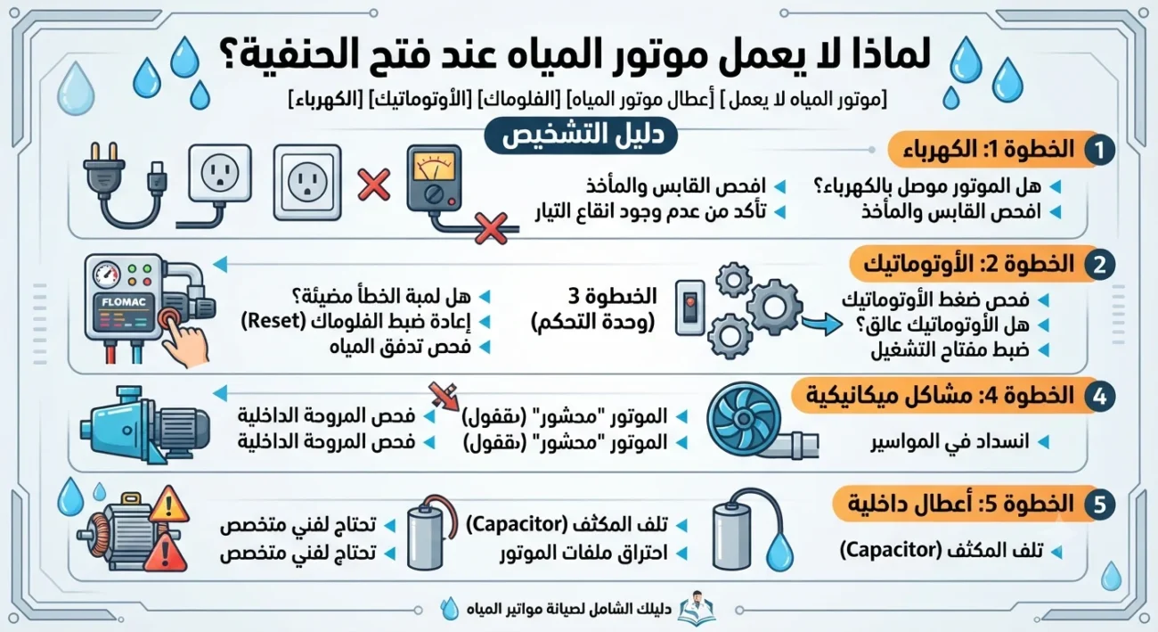 لماذا لا يعمل موتور المياه عند فتح الحنفية؟ دليل شامل لتشخيص الأعطال من أبسط الأسباب إلى الأعطال الداخلية