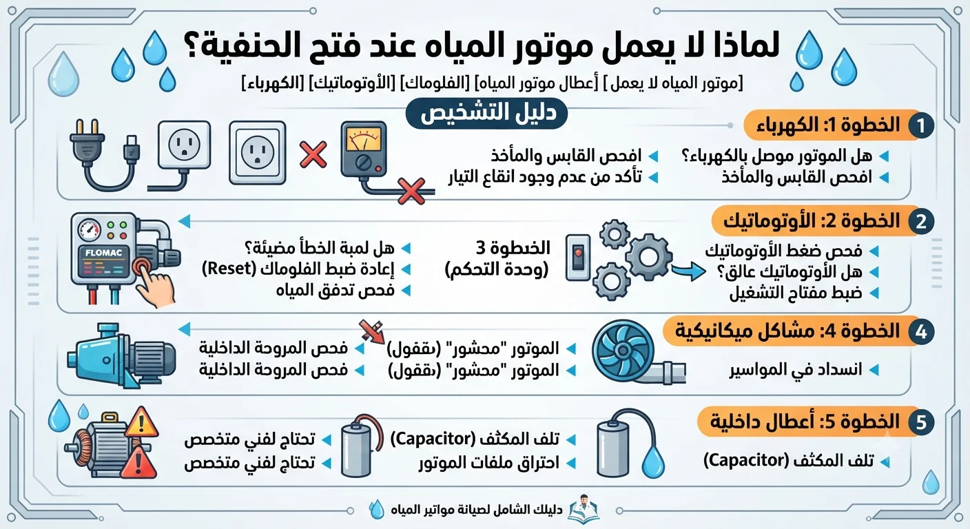 لماذا لا يعمل موتور المياه عند فتح الحنفية؟ دليل شامل لتشخيص الأعطال من أبسط الأسباب إلى الأعطال الداخلية