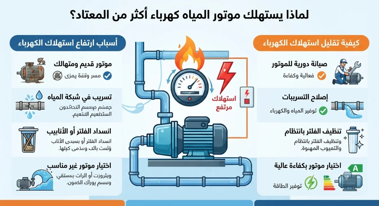 لماذا يستهلك موتور المياه كهرباء أكثر من المعتاد؟ أسباب ارتفاع استهلاك موتور المياه وطرق تقليله