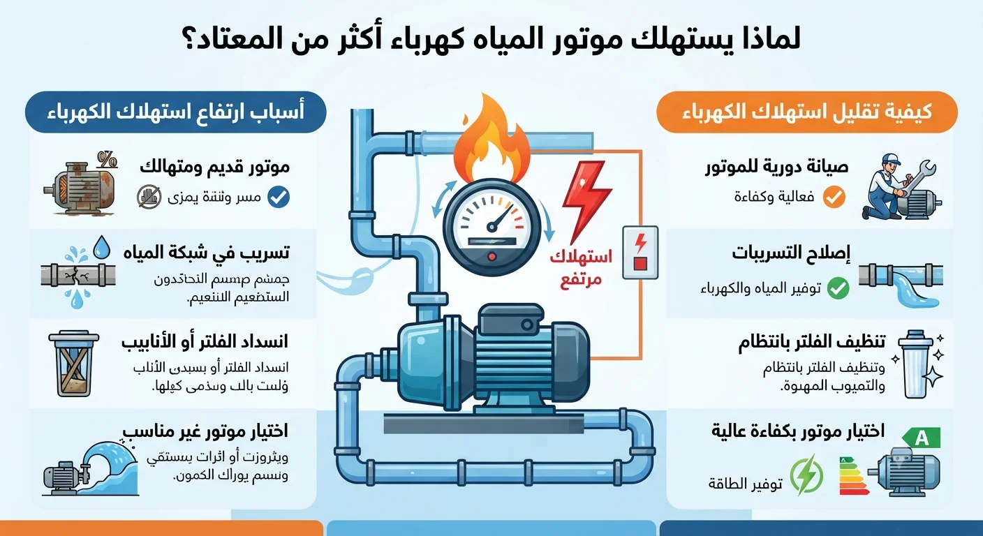 لماذا يستهلك موتور المياه كهرباء أكثر من المعتاد؟ أسباب ارتفاع استهلاك موتور المياه وطرق تقليله