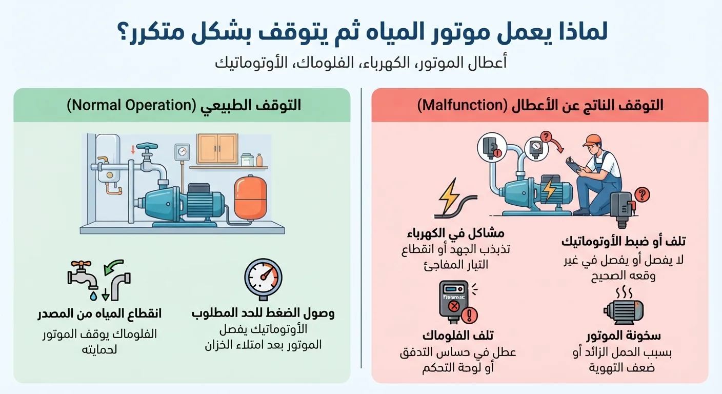 لماذا يعمل موتور المياه ثم يتوقف بشكل متكرر؟ أسباب توقف موتور المياه وحلول الأعطال