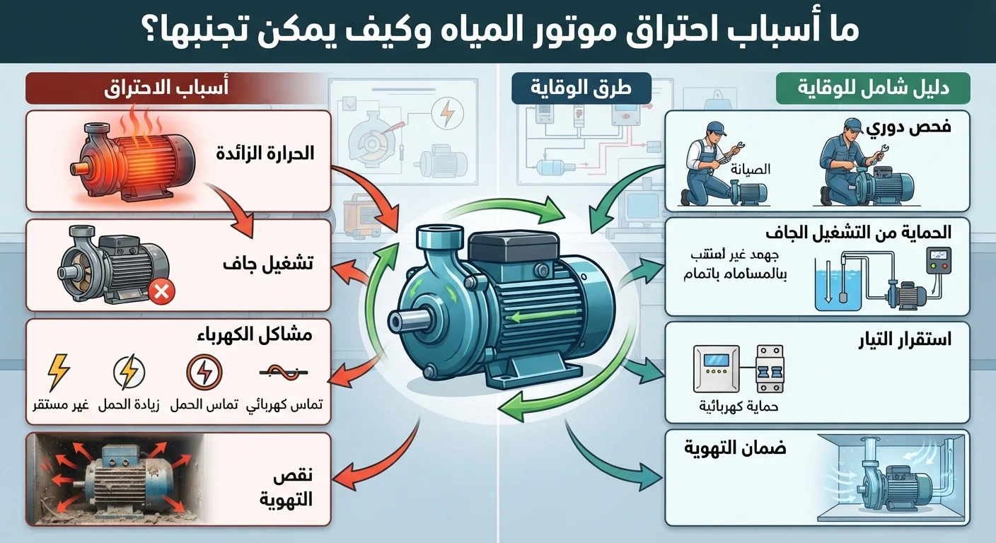 ما أسباب احتراق موتور المياه وكيف يمكن تجنبها؟ دليل شامل لحماية الموتور من الحرارة والكهرباء والتشغيل الجاف