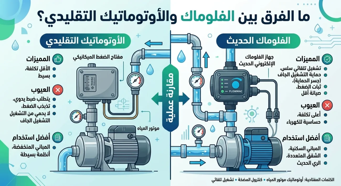 ما الفرق بين الفلوماك والأوتوماتيك التقليدي؟ مقارنة عملية لاختيار كنترول موتور المياه المناسب